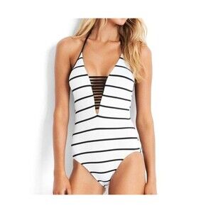 Seafolly Women's Castaway Stripe Plunge Maillot Swimsuit 12 US/16 AU White
